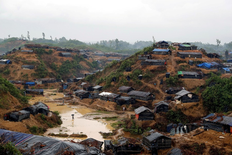 Aerial view of Cox's Bazar refugee camp in Bangladesh, with shelters on hillside terraces