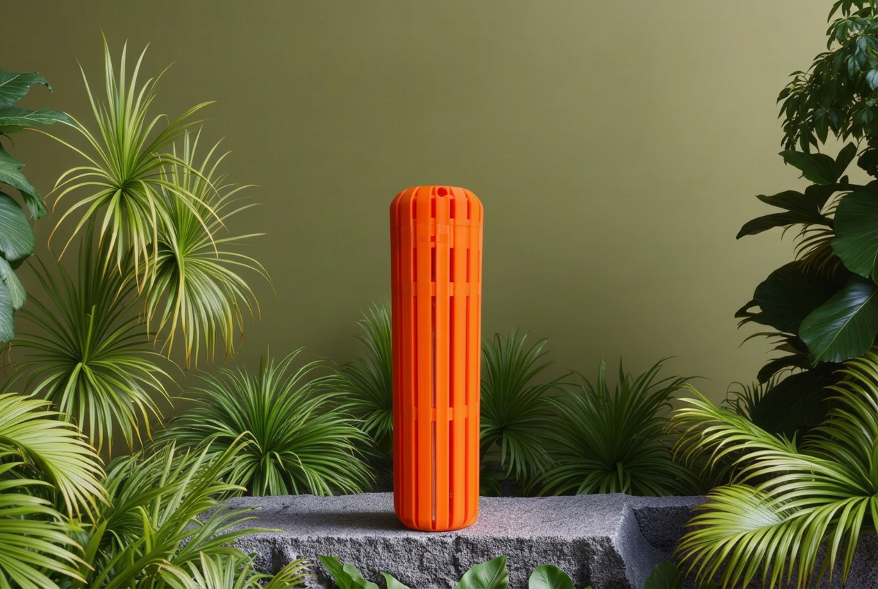Orange ribbed pheromone dispenser standing in garden foliage