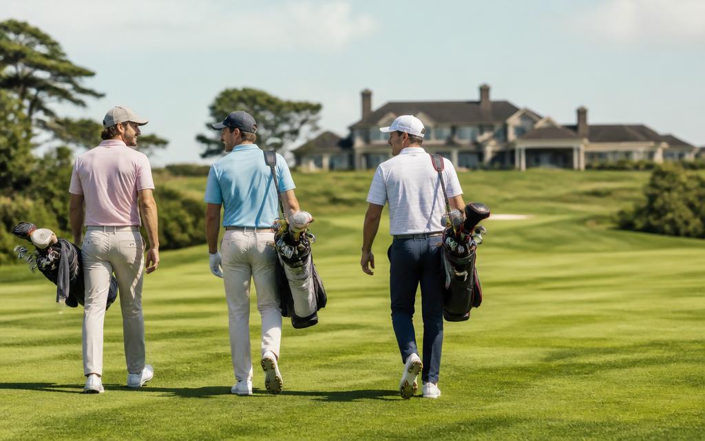 Golfers walking a lush fairway on a calm morning