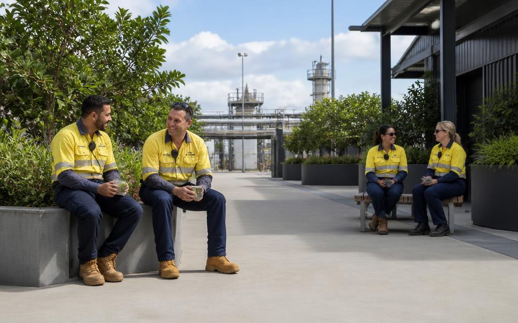 Workers at an industrial compound in clean outdoor space