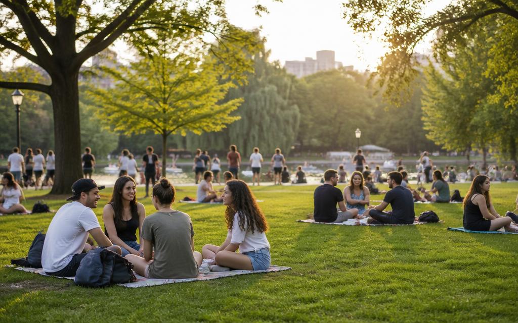 People relaxing in a public park on a summer evening