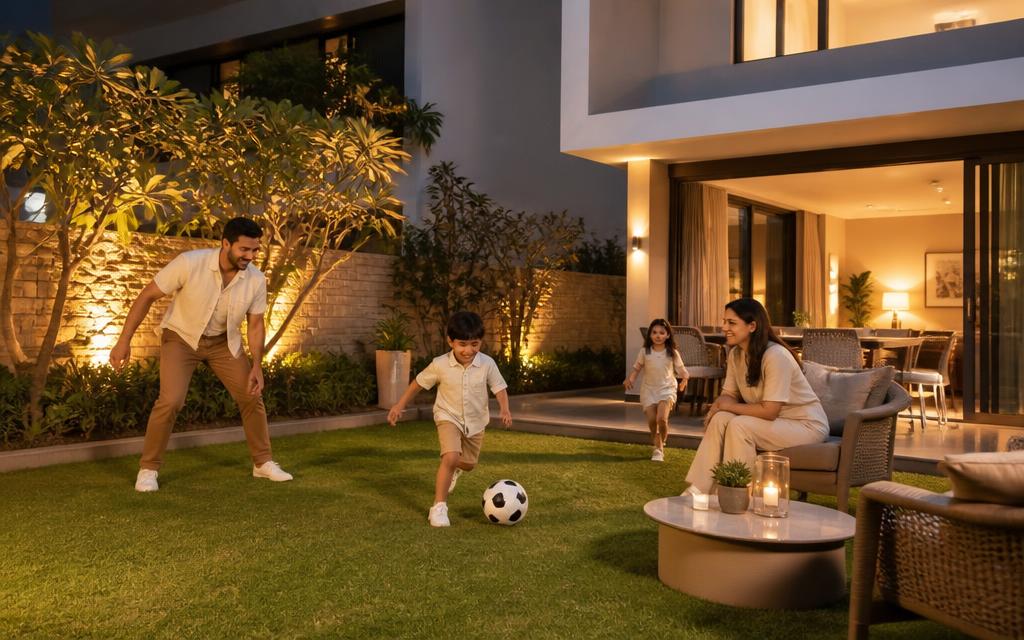 Family enjoying a garden courtyard in the evening